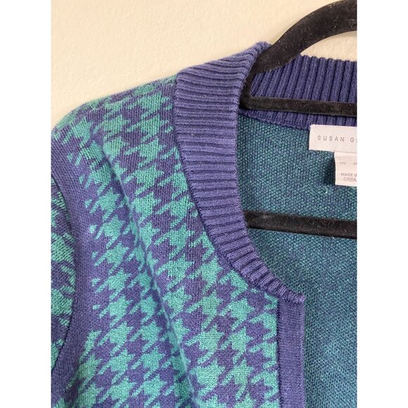 Susan Graver Cardigan Sweater Blue Green Houndstooth Women XL Christmas Holiday - Picture 4 of 15